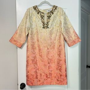 Badgley Mischka Gold and Coral Metallic 3/4 Sleeve Bead Embellished Formal Dress